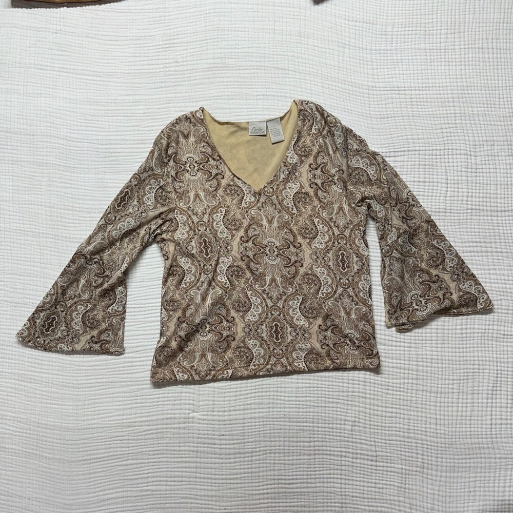 VTG 90s Y2K Fiorlini International brown paisley v neck bell flutter sleeves top